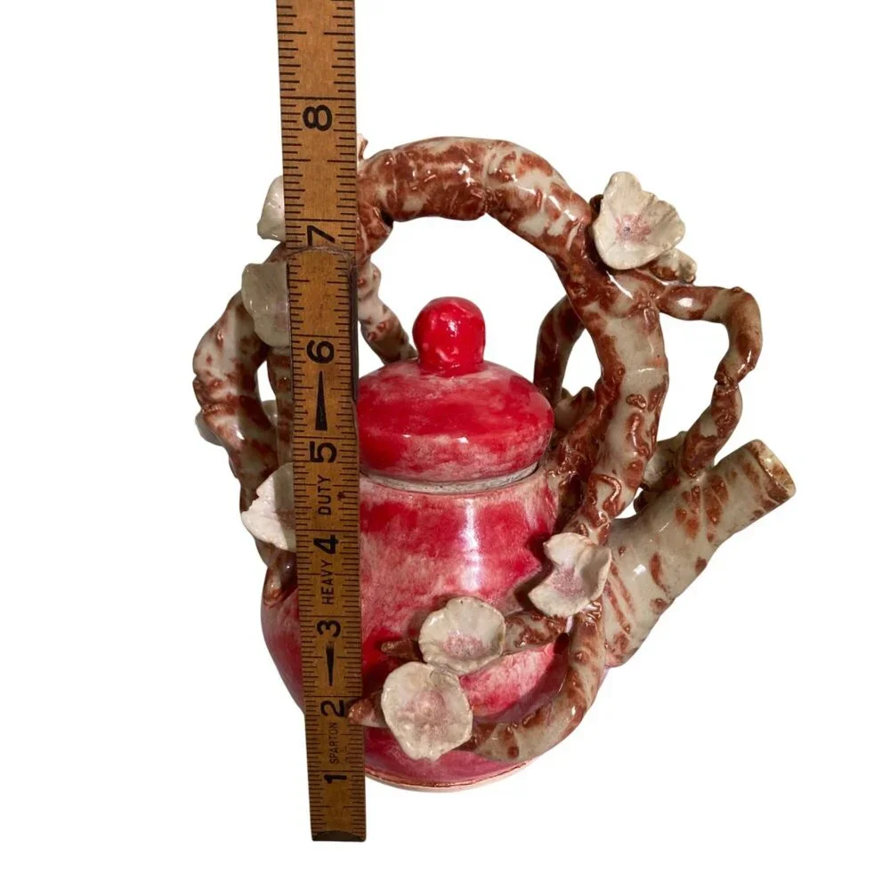 Signed Art Pottery Plum Or Cherry Blossom Arching Branch Teapot